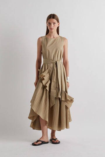 Taos Taupe Pleated Sleeveless Dress