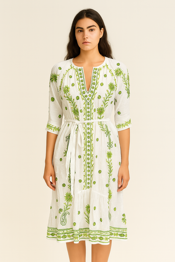Grace White Green Embroidered Dress