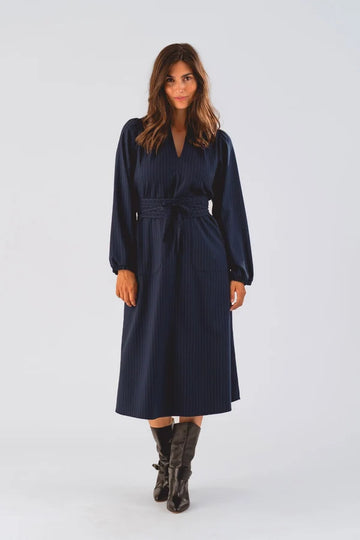 Paris Dark Navy Pinstripe Midi Dress