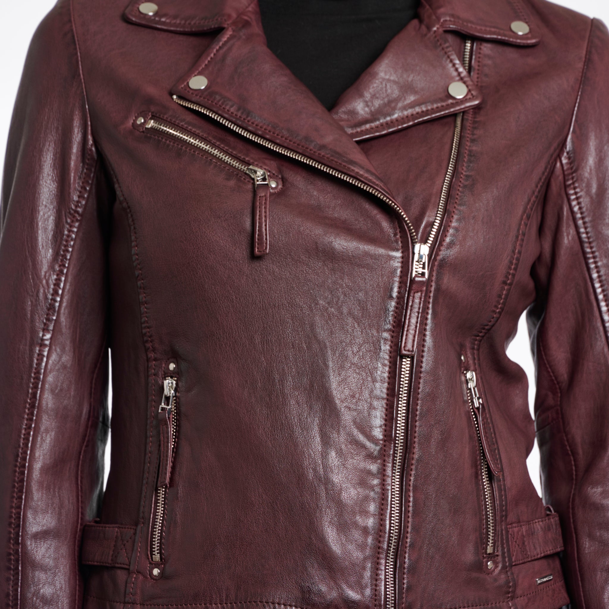 Renee Leather Biker Jacket in Chocolate Bean Burgundy