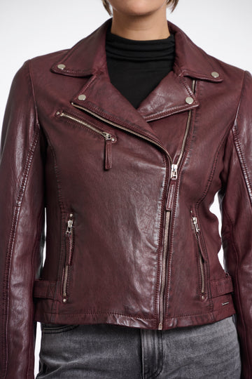 Renee Leather Biker Jacket in Chocolate Bean Burgundy