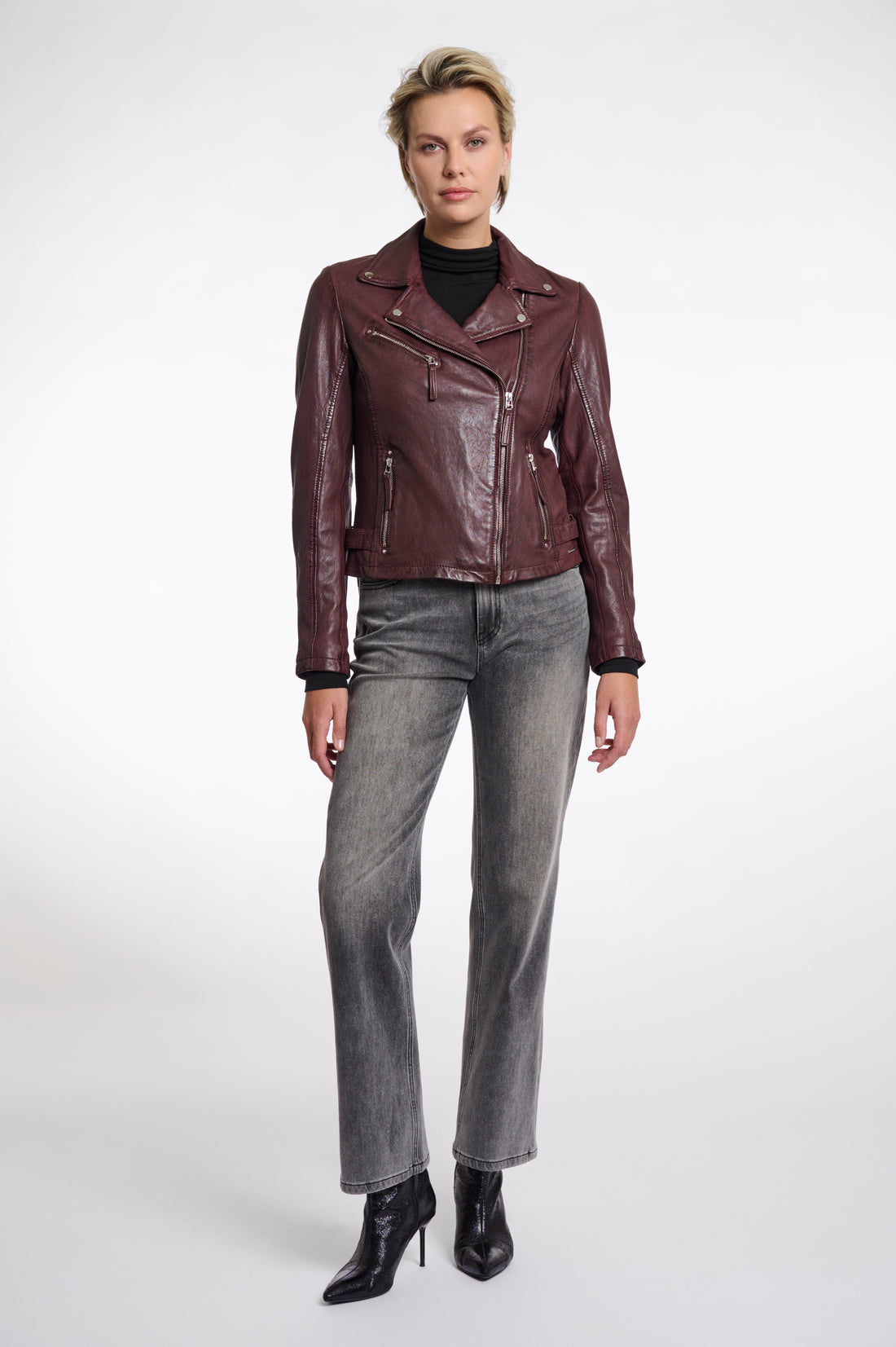 Renee Leather Biker Jacket in Chocolate Bean Burgundy