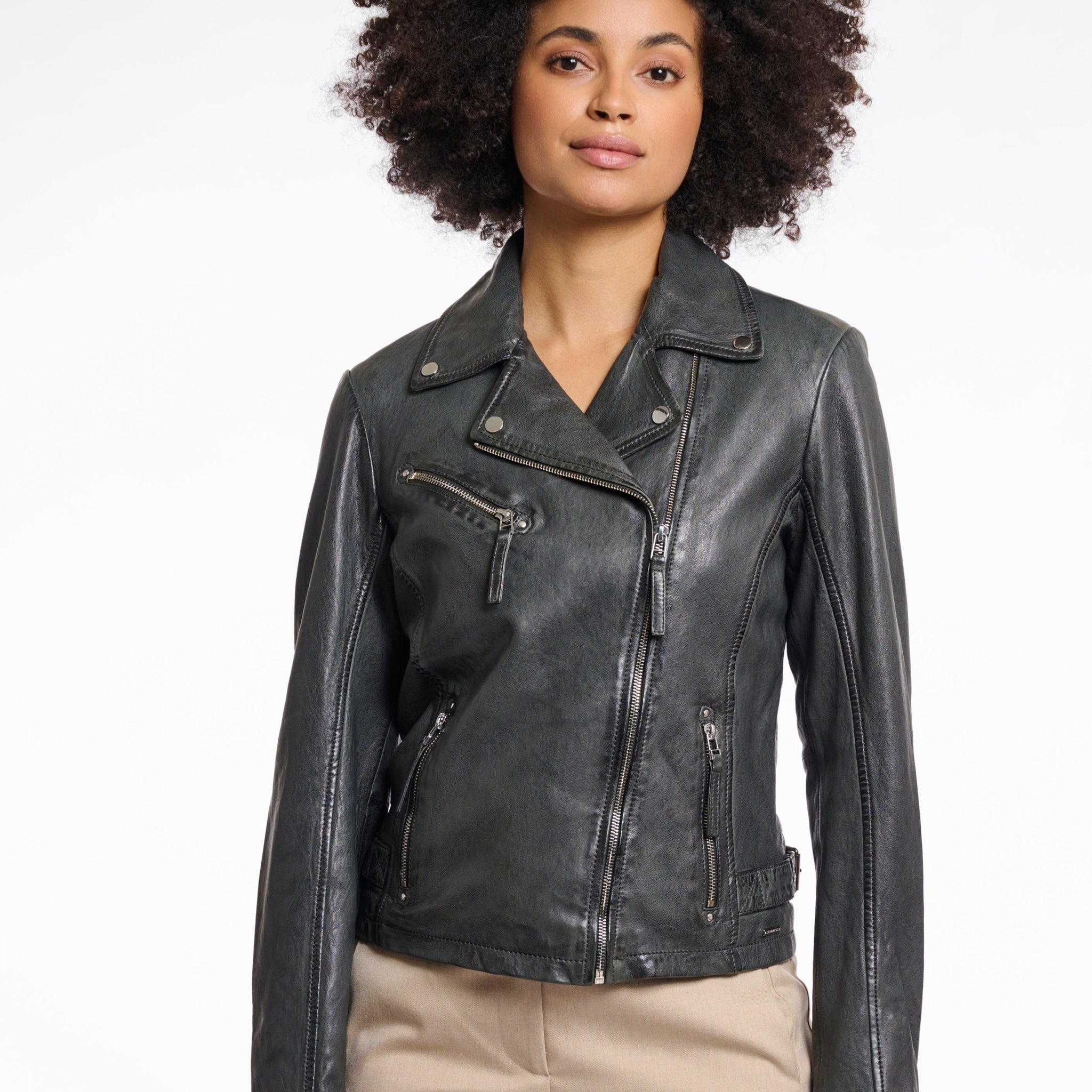 Renee Leather Biker Jacket in Deep Iron