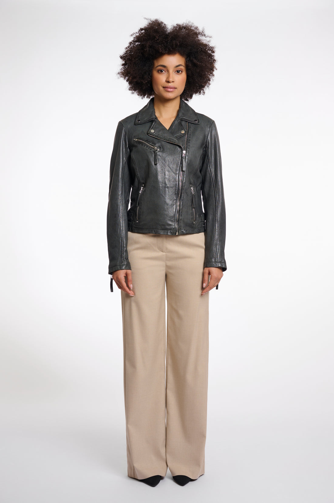 Renee Leather Biker Jacket in Deep Iron
