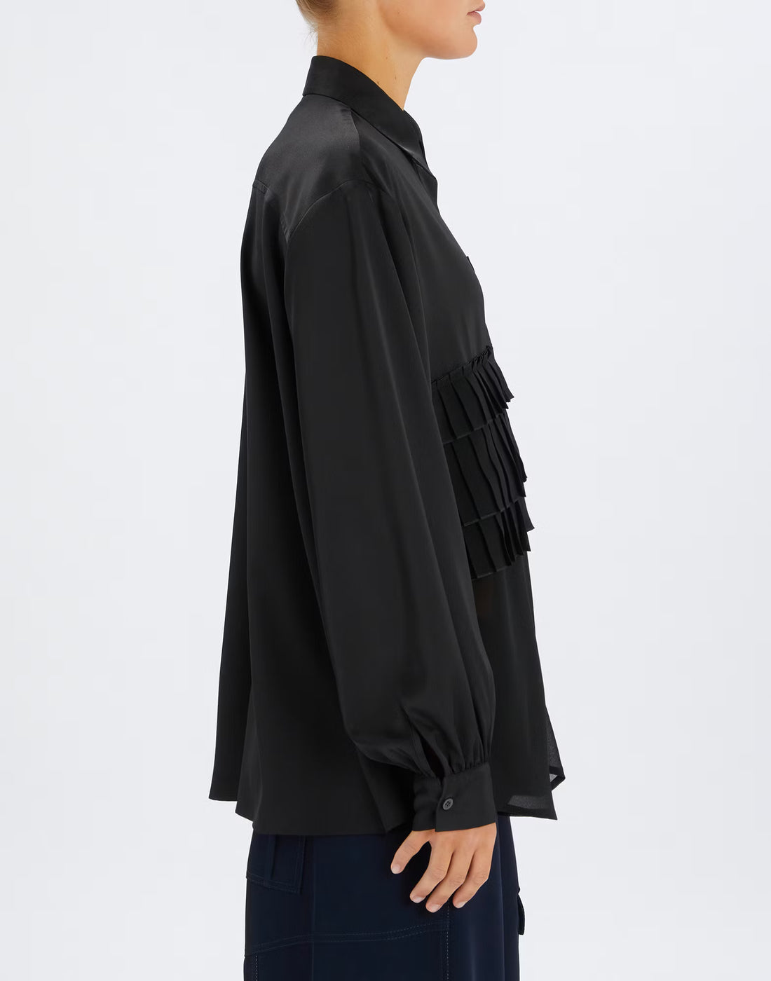 Meryl Black Pleated Ruffled Shirt