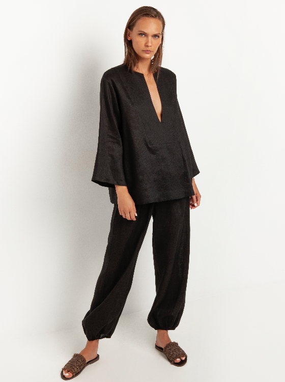 Black Cargo Linen Trousers