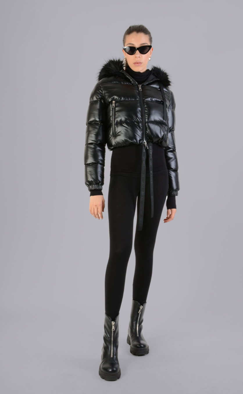 Cropped Bomber Jacket With Faux Fur Black
