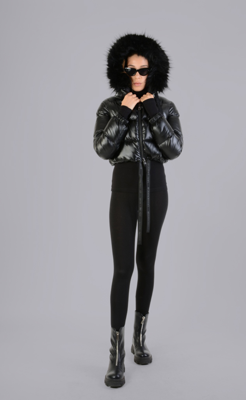 Cropped Bomber Jacket With Faux Fur Black