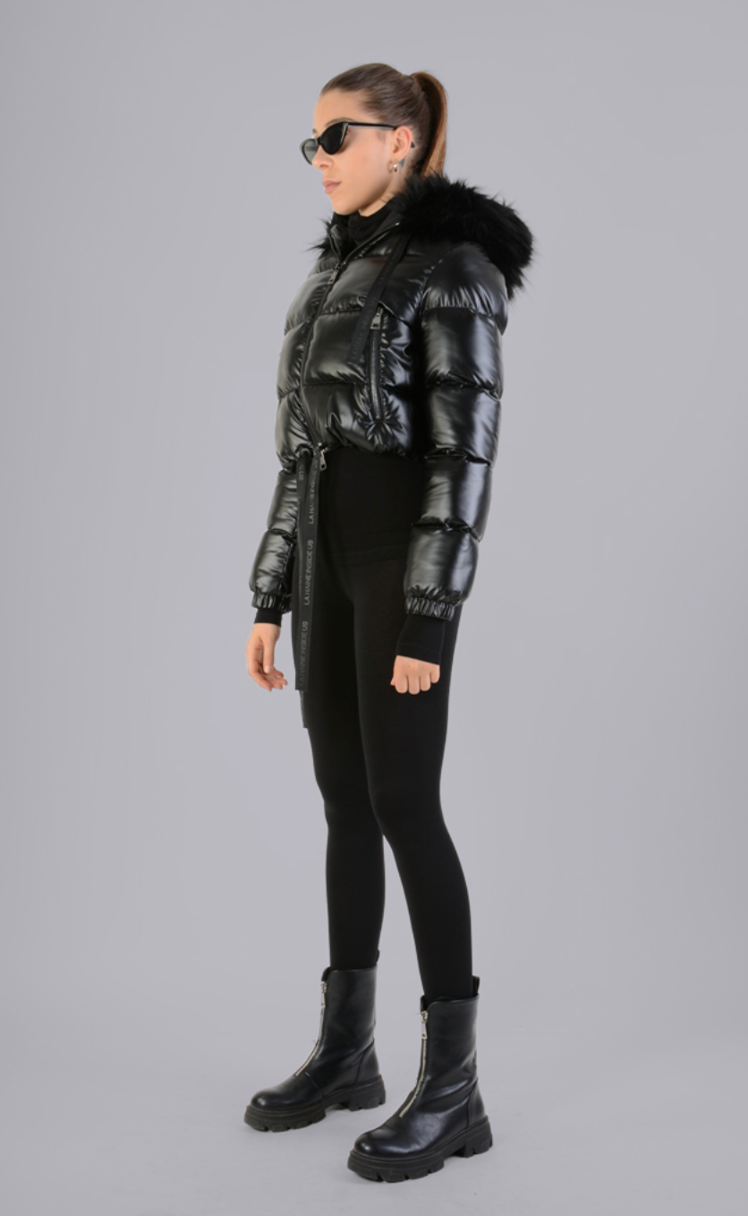 Cropped Bomber Jacket With Faux Fur Black