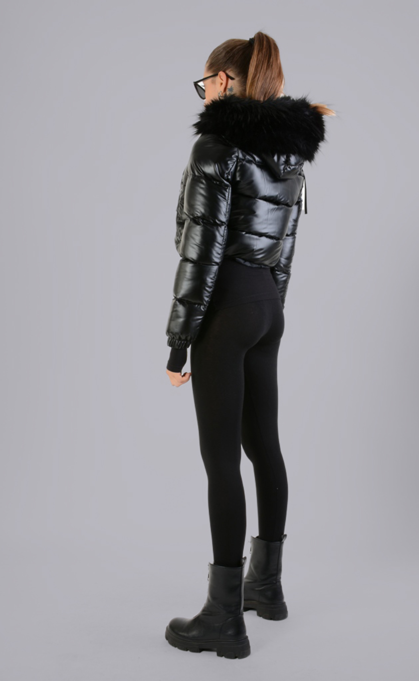 Cropped Bomber Jacket With Faux Fur Black