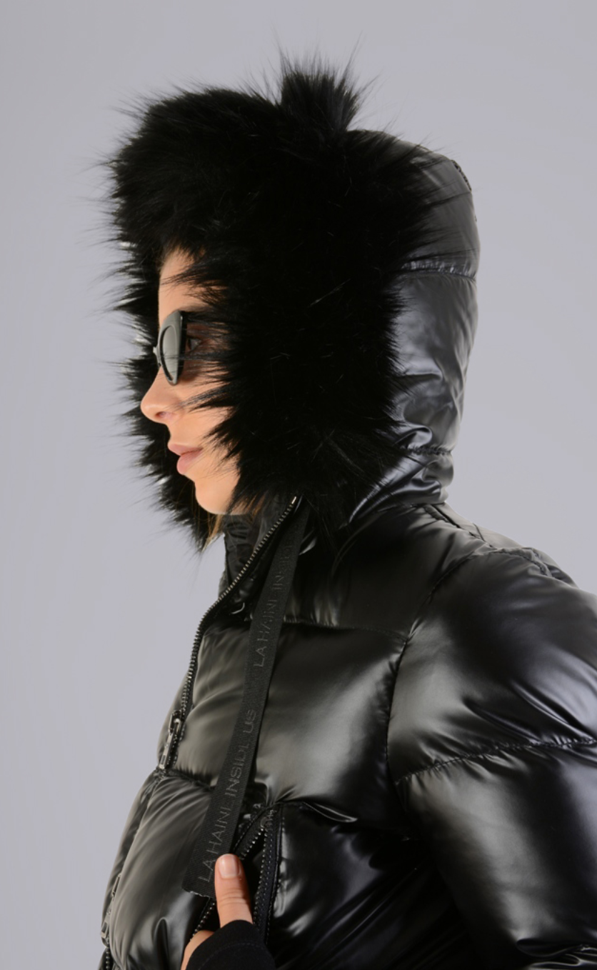 Cropped Bomber Jacket With Faux Fur Black
