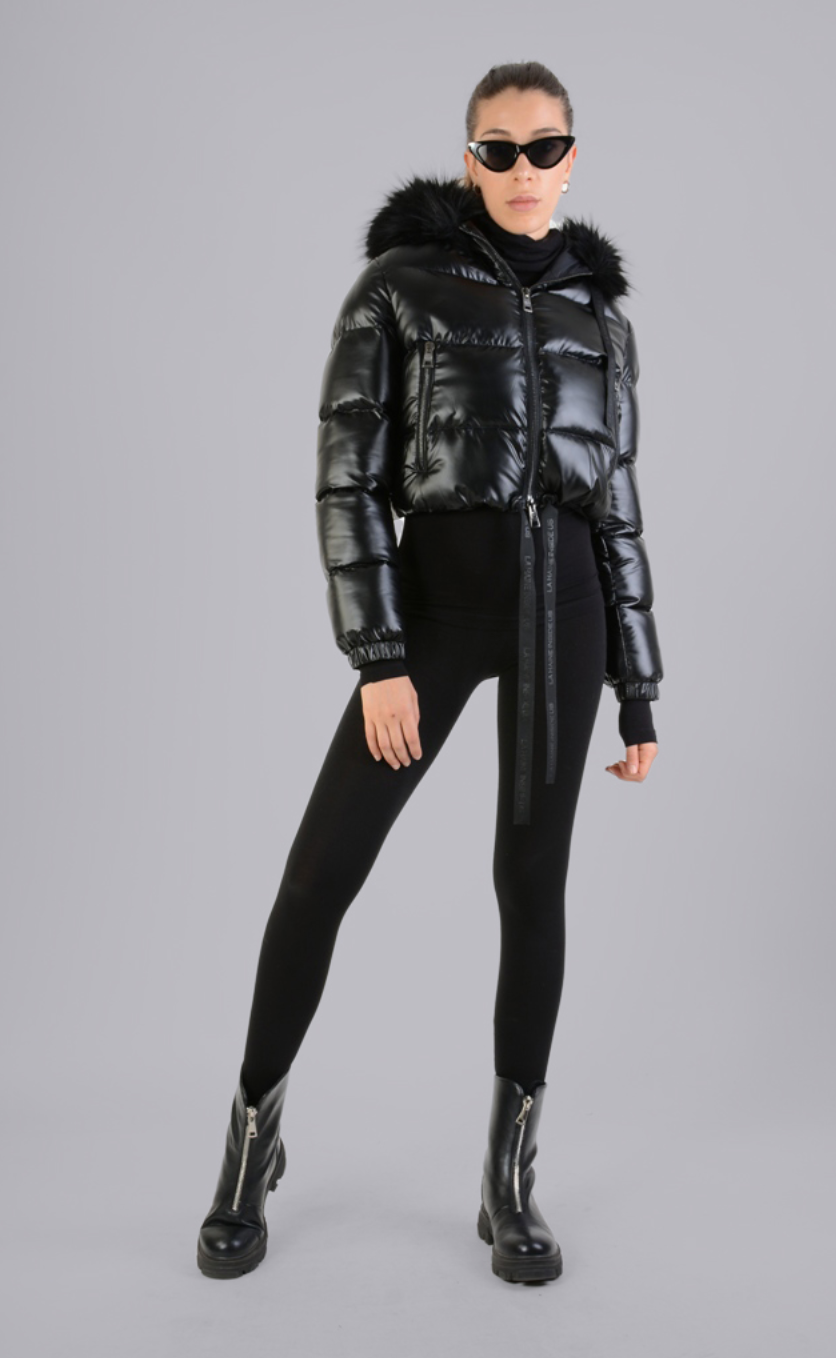 Cropped Bomber Jacket With Faux Fur Black