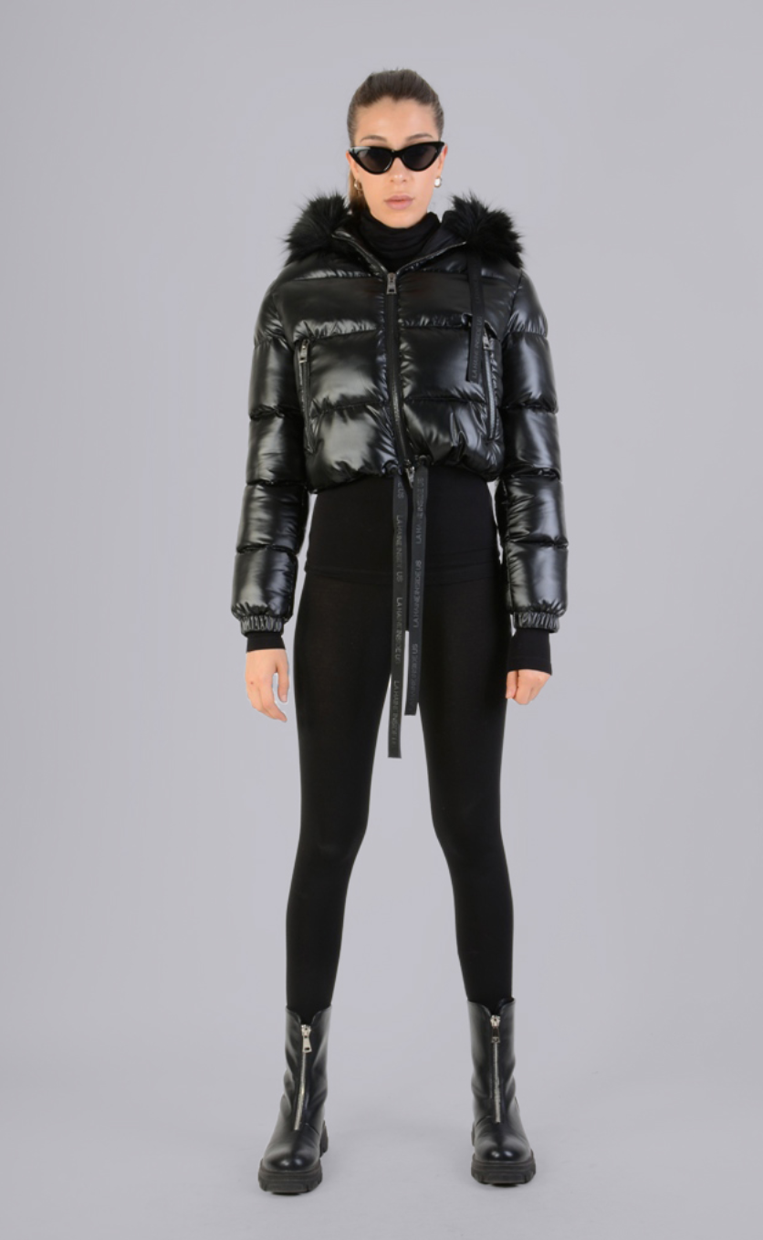 Cropped Bomber Jacket With Faux Fur Black