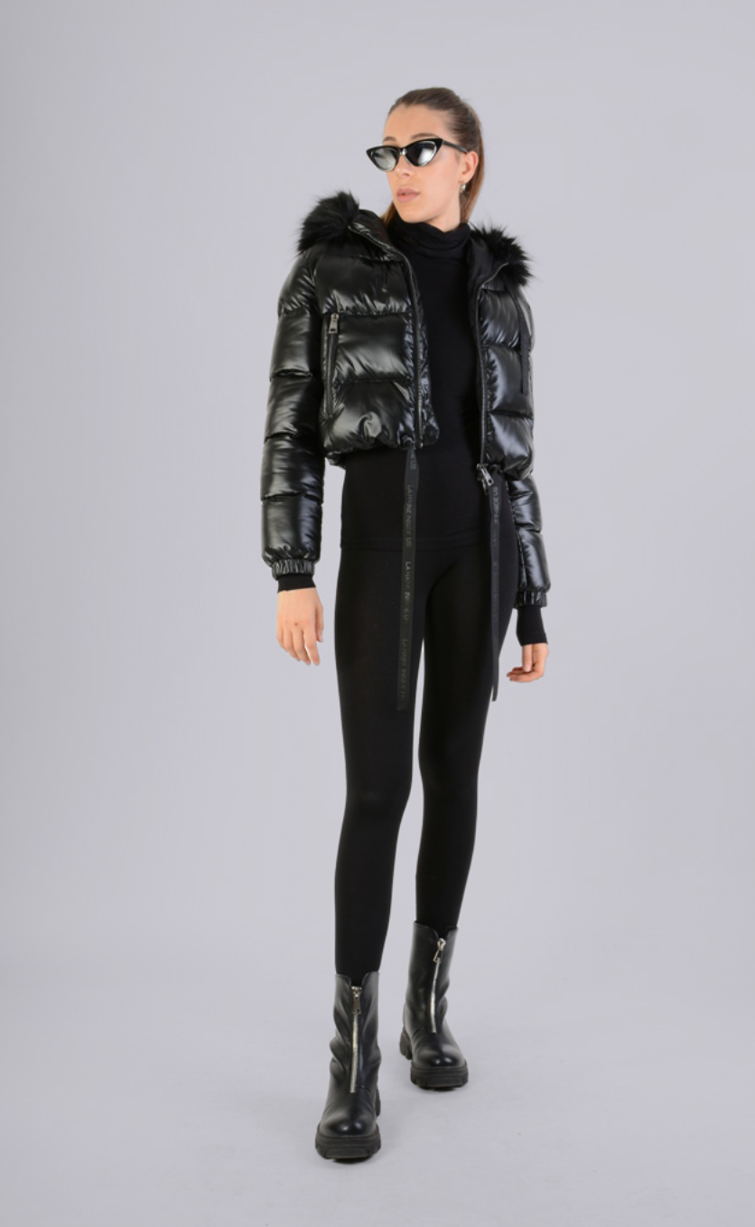 Cropped Bomber Jacket With Faux Fur Black