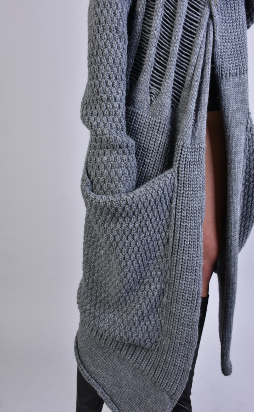 Long Asymmetric Woven Cardigan Grey