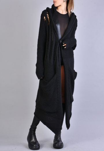 Long Asymmetric Woven Cardigan Black