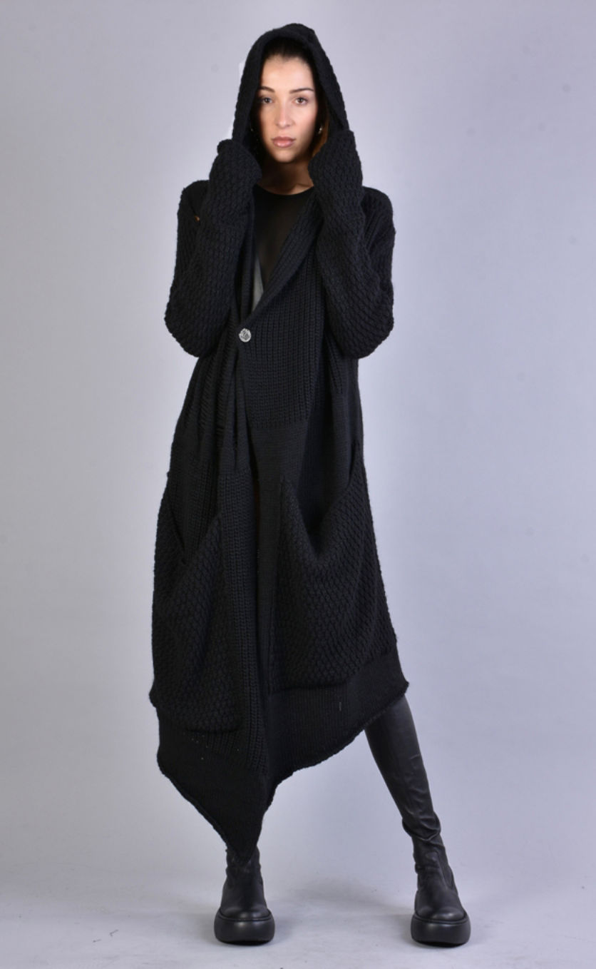 Long Asymmetric Woven Cardigan Black