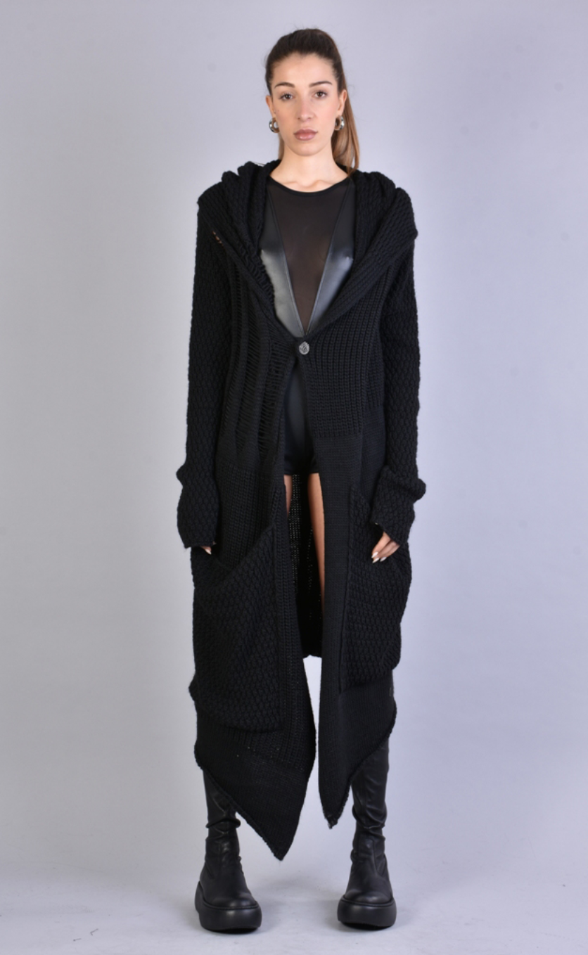 Long Asymmetric Woven Cardigan Black