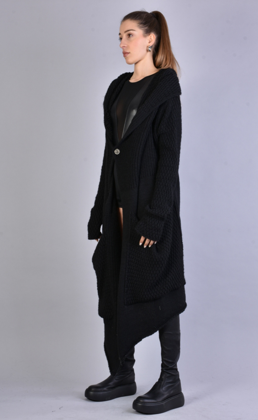 Long Asymmetric Woven Cardigan Black