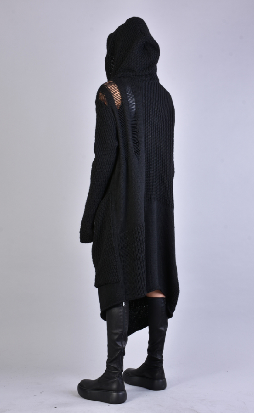 Long Asymmetric Woven Cardigan Black