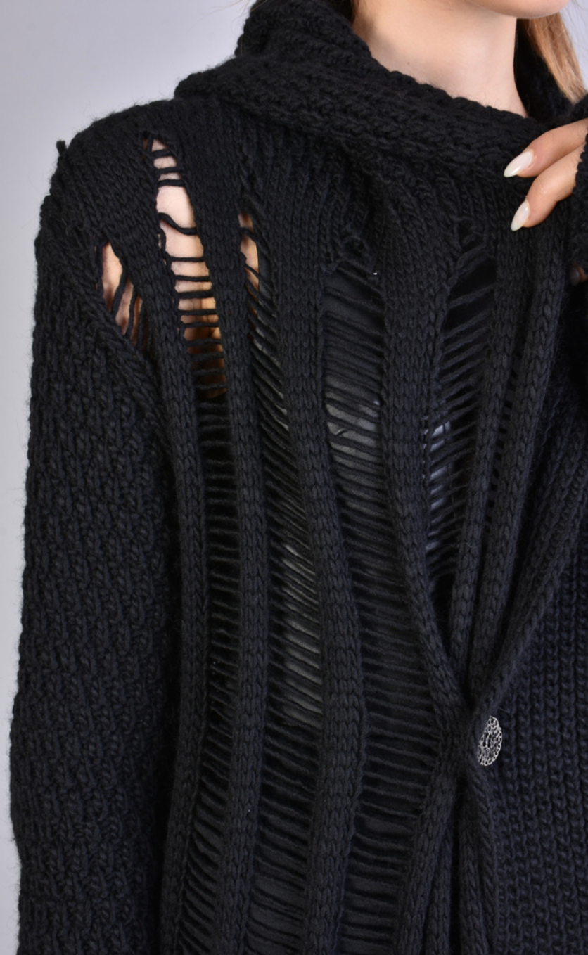 Long Asymmetric Woven Cardigan Black