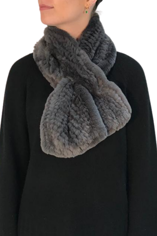 Dark Grey Knitted Rex Rabbit 'Loop' Fur Scarf