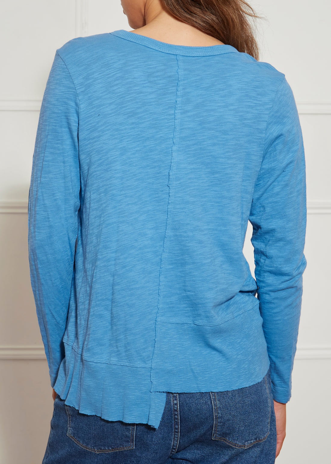 Long Sleeve Ribbon Shifted Blue Edged T Shirt