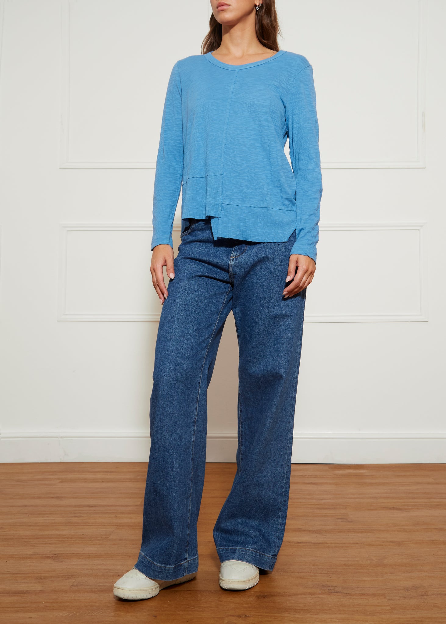 Long Sleeve Ribbon Shifted Blue Edged T Shirt