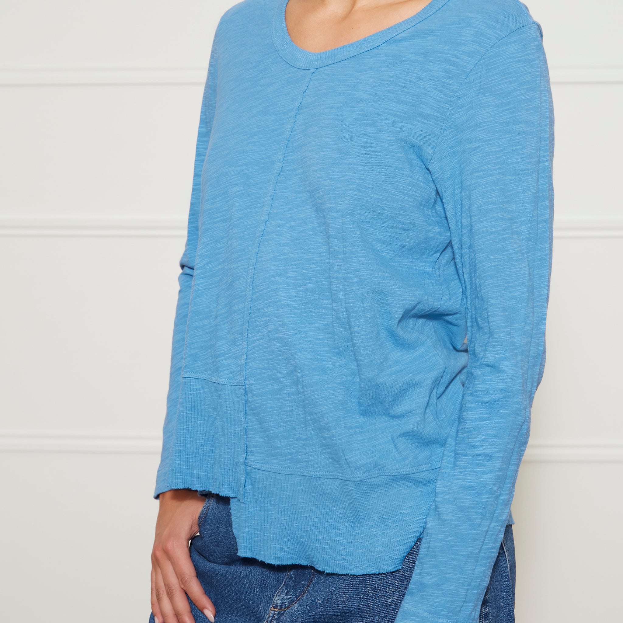 Long Sleeve Ribbon Shifted Blue Edged T Shirt