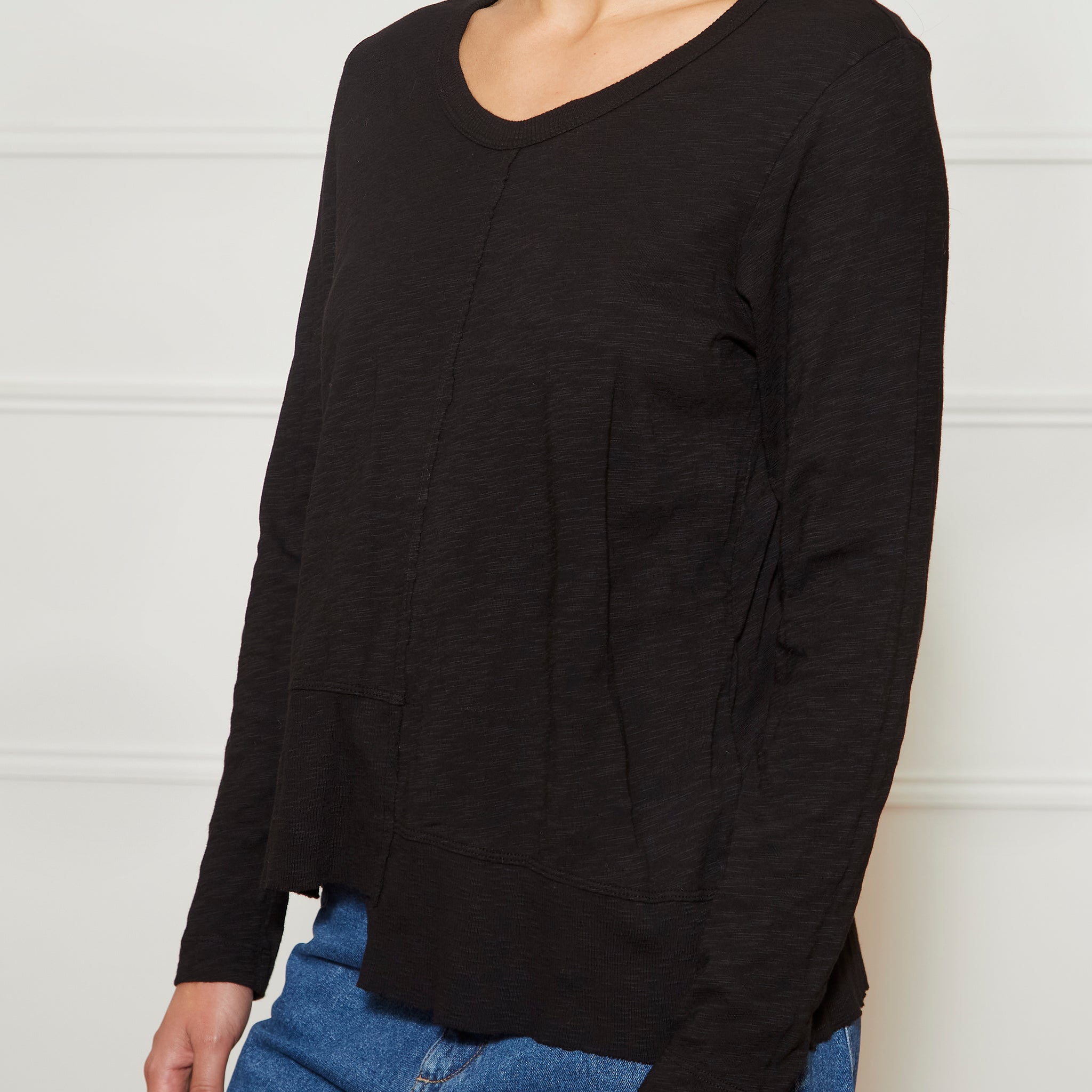 Long Sleeve Ribbon Shifted Black Edged T Shirt