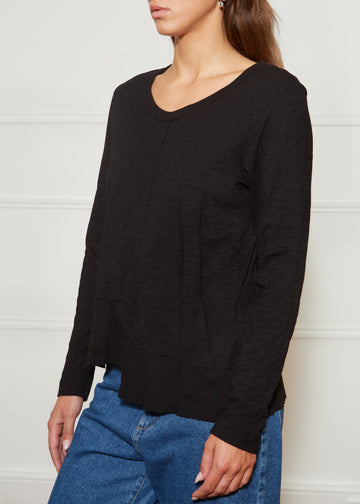 Long Sleeve Ribbon Shifted Black Edged T Shirt