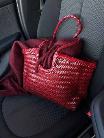 Red Woven Leather Tote Bag