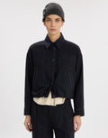 Cinch grey pinstripe cropped jacket by HIGH -40% cotton, 25% polyester, 20% wool, 10% acrylic, 5% other&nbsp;fibres
