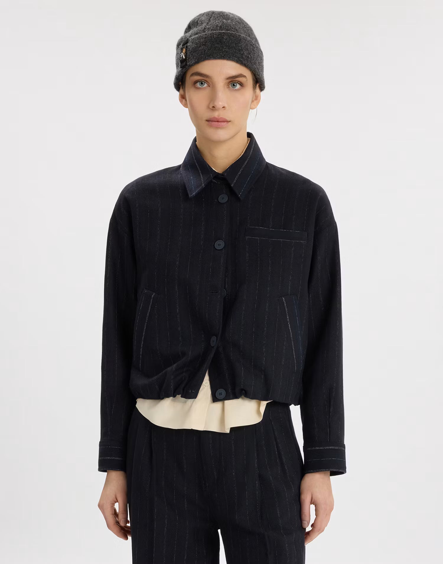 Cinch grey pinstripe cropped jacket by HIGH -40% cotton, 25% polyester, 20% wool, 10% acrylic, 5% other&nbsp;fibres