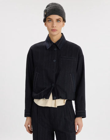Cinch grey pinstripe cropped jacket by HIGH -40% cotton, 25% polyester, 20% wool, 10% acrylic, 5% other&nbsp;fibres