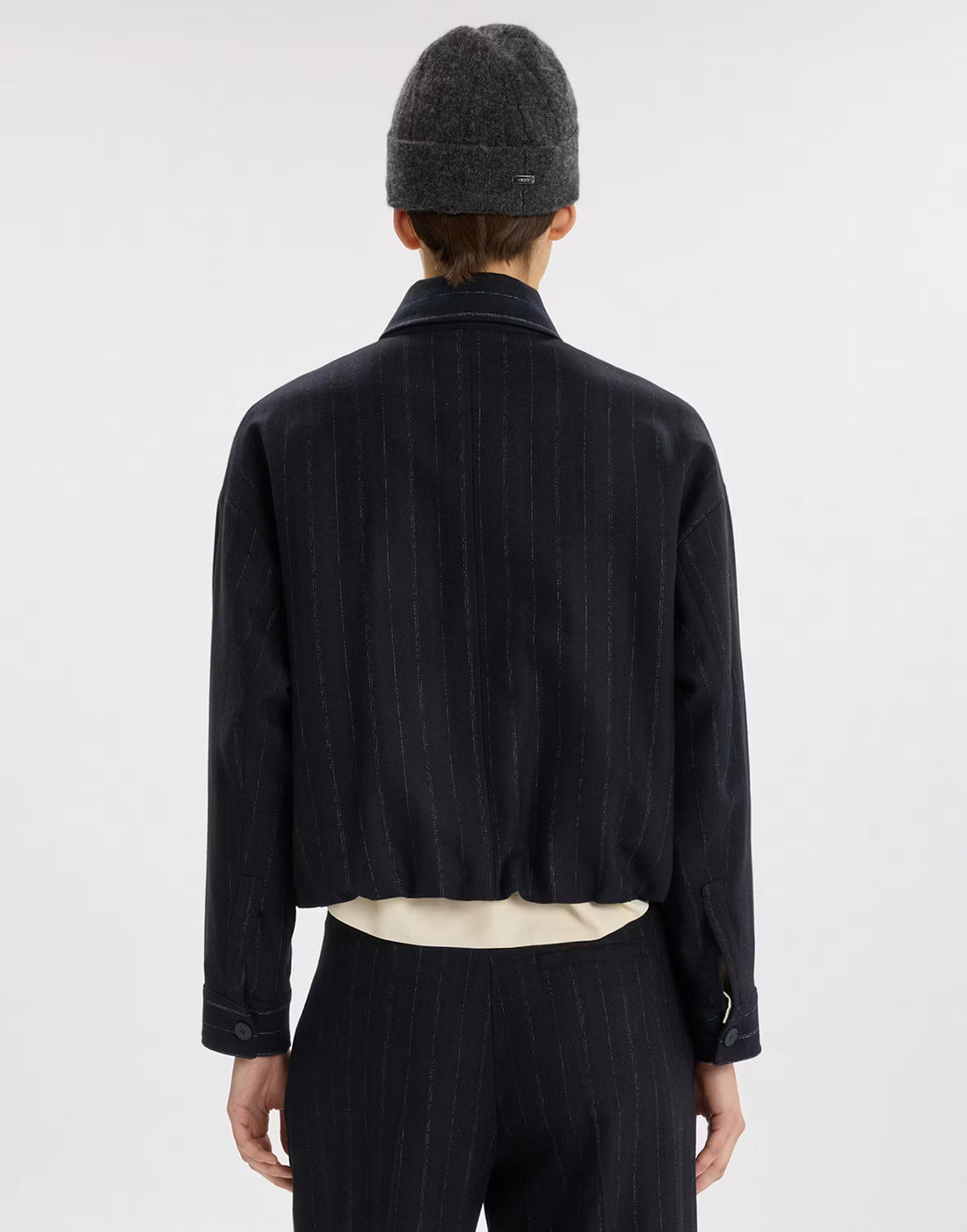 Cinch grey pinstripe cropped jacket by HIGH -40% cotton, 25% polyester, 20% wool, 10% acrylic, 5% other&nbsp;fibres