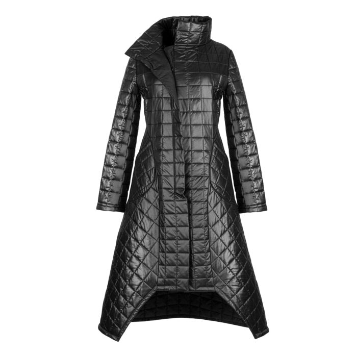 A long black quilted puffer coat with a high stand collar and diagonal stitching, shown against a plain white background.