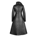 A black quilted longline coat with a high stand collar, shown from the back on a plain white background.