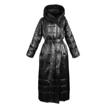 A long black quilted puffer coat with a hood, self-tie belt, and glossy textured finish, shown against a plain white background.