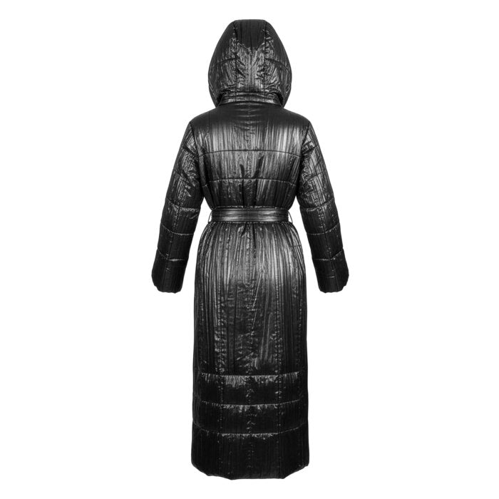A long black quilted puffer coat with a hood, self-tie belt, and glossy textured finish, shown against a plain white background.