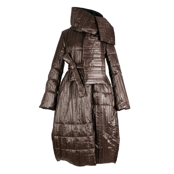 A dark brown hooded puffer coat with a belted waist, shown against a plain white background.
