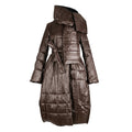 A dark brown hooded puffer coat with a belted waist, shown against a plain white background.