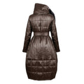 A dark brown quilted puffer coat with a hood, shown from the back on a white background.