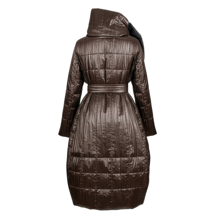 A dark brown quilted puffer coat with a hood, shown from the back on a white background.