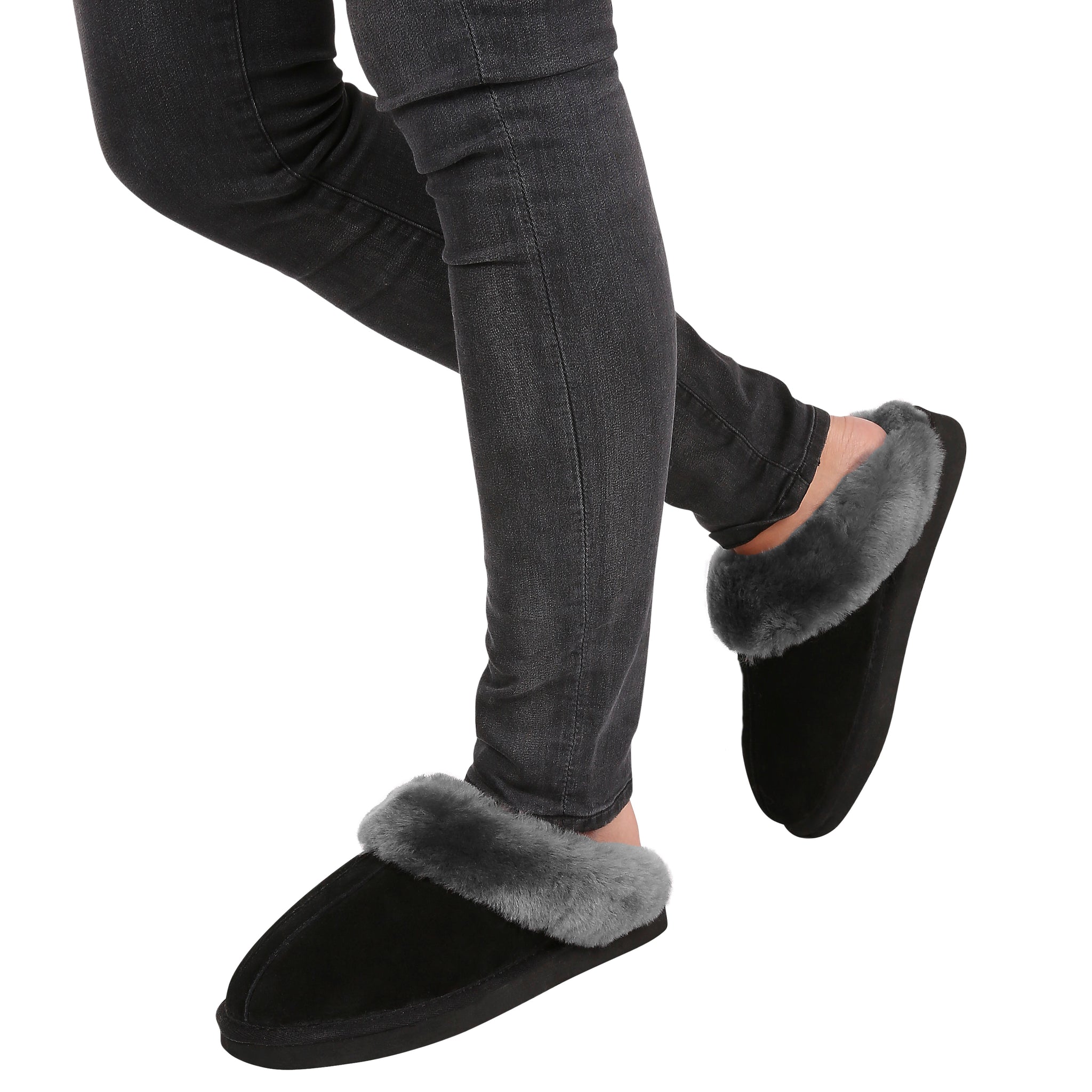 Grey on Black Sheepskin Wedge Slippers - Jessimara