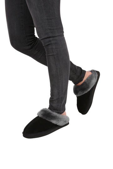 Grey on Black Sheepskin Wedge Slippers - Jessimara