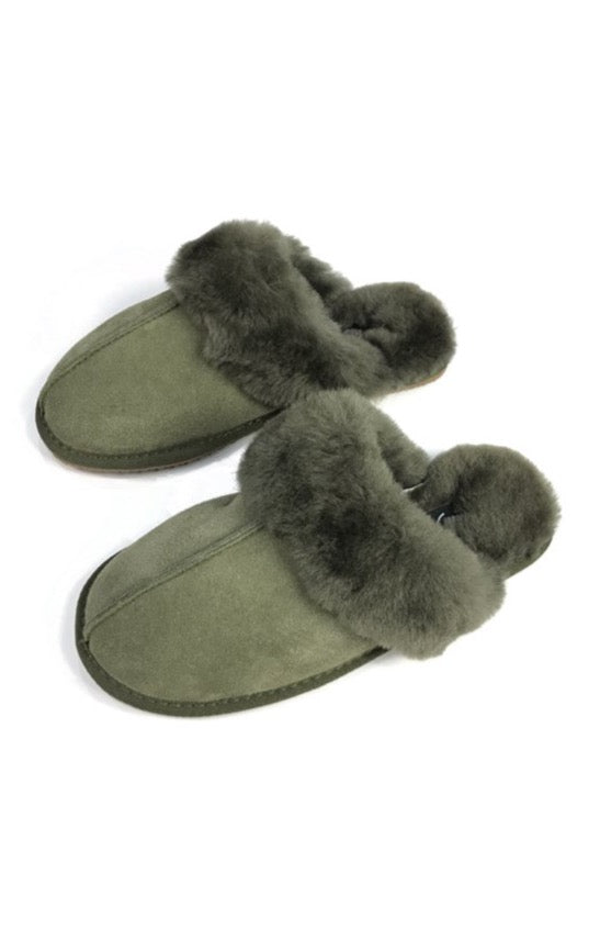 'Classic' Khaki Green Sheepskin Slippers - Jessimara