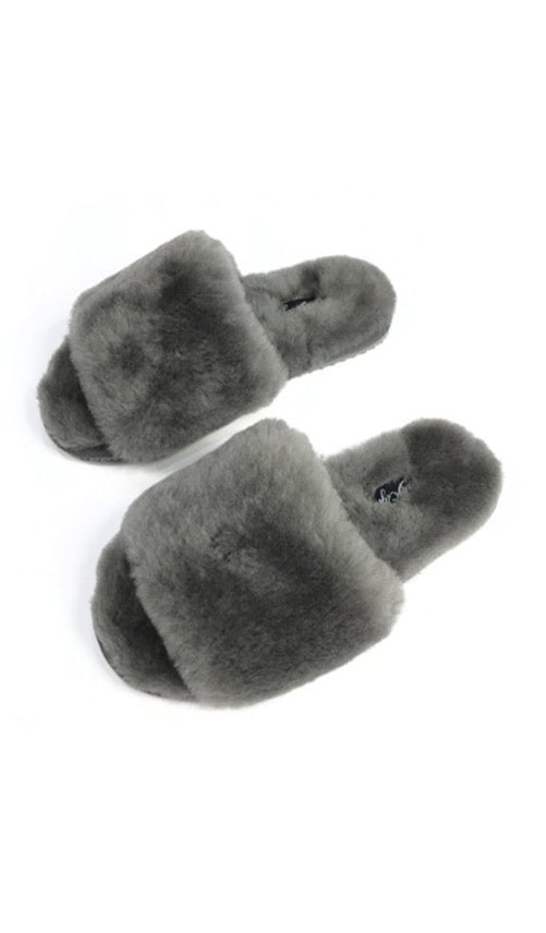 Dark Grey Sheepskin Deep Slippers Sliders - Jessimara