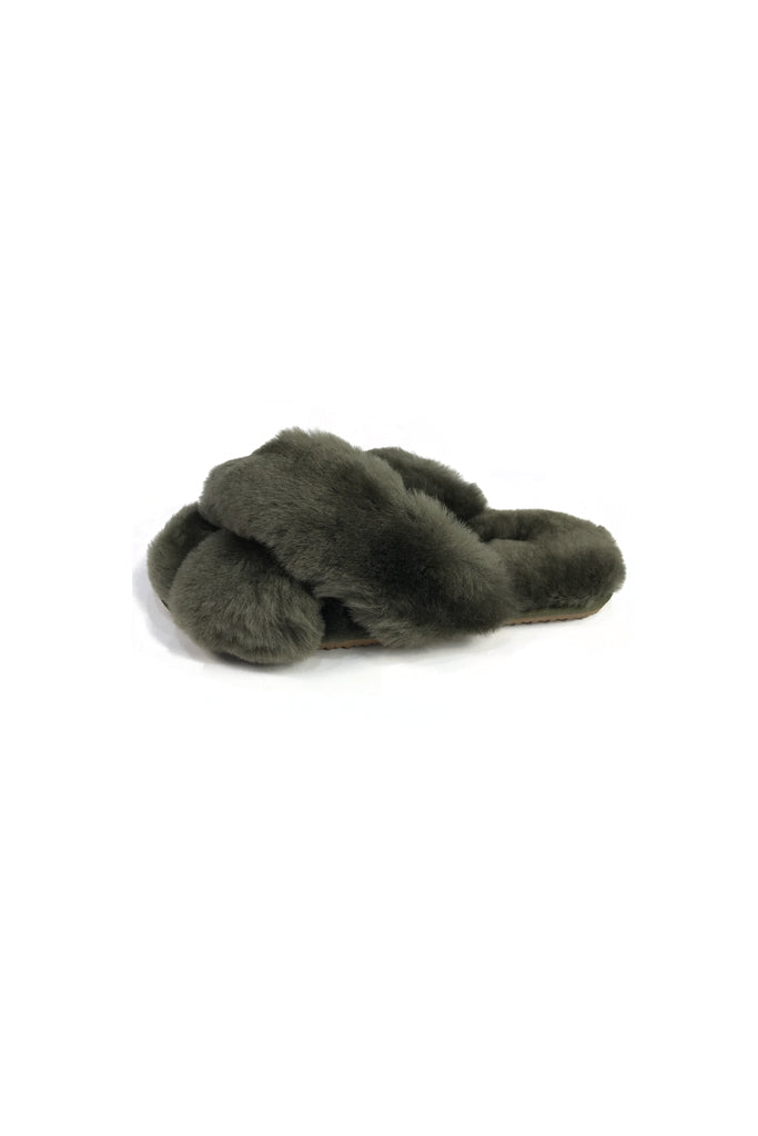 Khaki Green Criss Cross Luxury Sheepskin Slippers - Jessimara