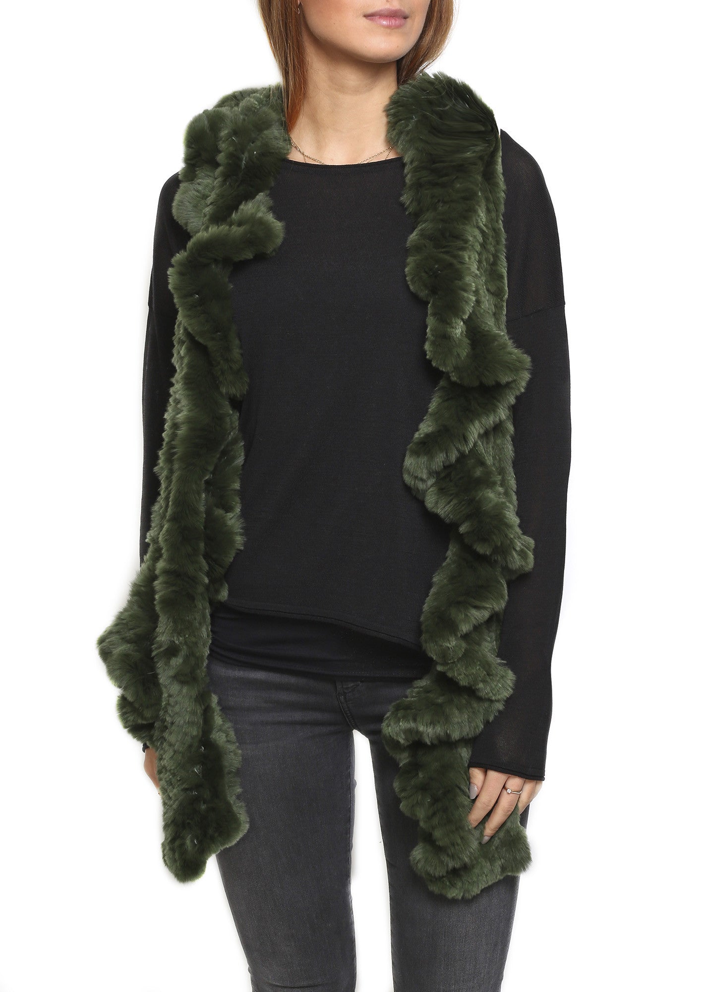 Green Knitted Real Rex Rabbit Fur 'Wave' Scarf - Jessimara
